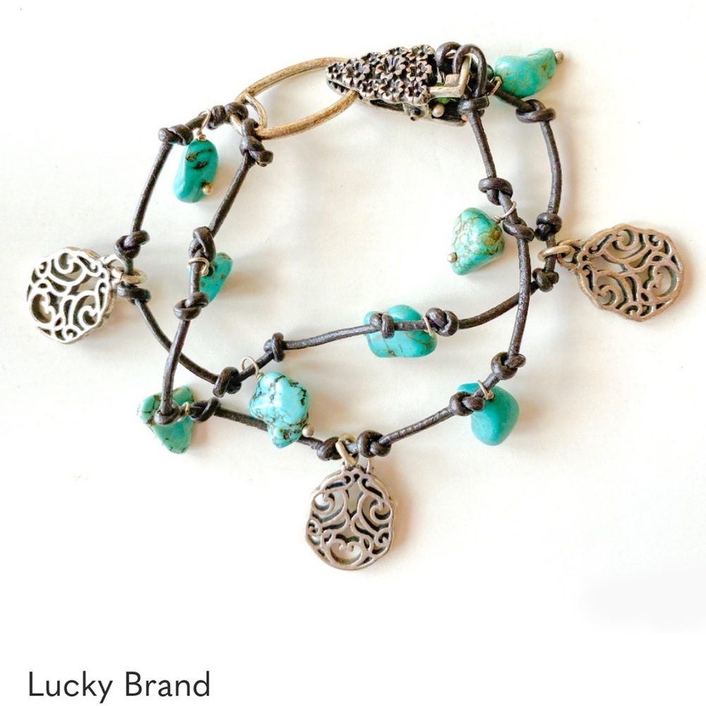 Lucky Brand Turquoise Silver & Leather Boho Charm Bracelet